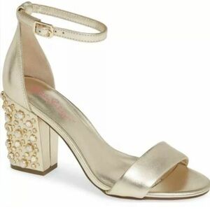 Lilly Pulitzer Amber Lynn Gold Embellished Block Heels Sandals Shoes Women’s 9.5